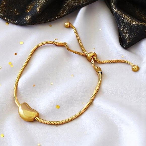 🆕 18K Gold Plated Stainless Steel Adjustable Bracelet With Smooth Bean Charm - Picture 1 of 12